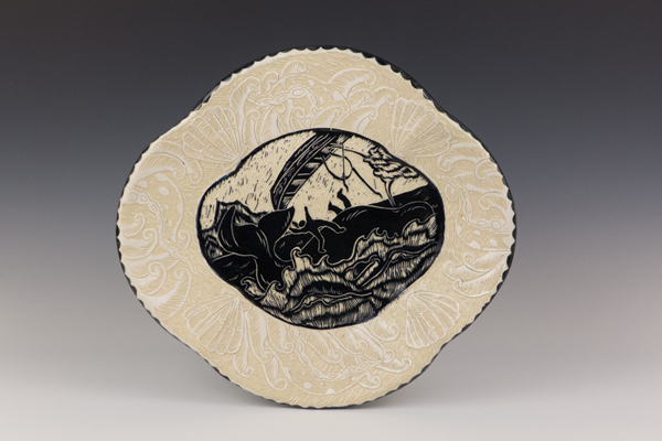 1 Kathy King’s A Whale’s Tale series, 14 in. (36 cm) in length, handbuilt, midrange porcelain, sgraffito on black and white slip, glaze, 2015.