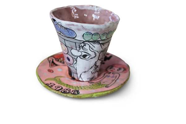 2 Kristen Morgin’s cup and saucer, 5 in. (14 cm) in height, ceramic, glaze, 2014. Courtesy of Marc Selwyn Fine Art.