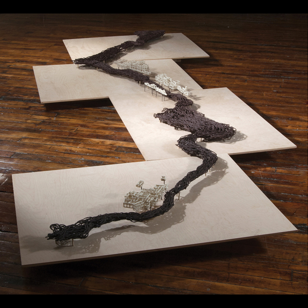 2 Sarah Lindley’s Industry and Surrounds, detail and overall, 10 ft. 10 in. (3.3 m) in length, porcelain, vitreous brown clay, wood, 2014.