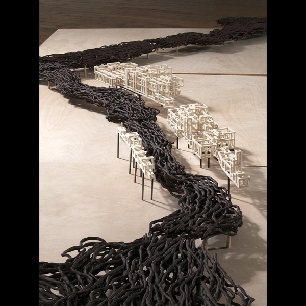 1 Sarah Lindley’s Industry and Surrounds, detail and overall, 10 ft. 10 in. (3.3 m) in length, porcelain, vitreous brown clay, wood, 2014.