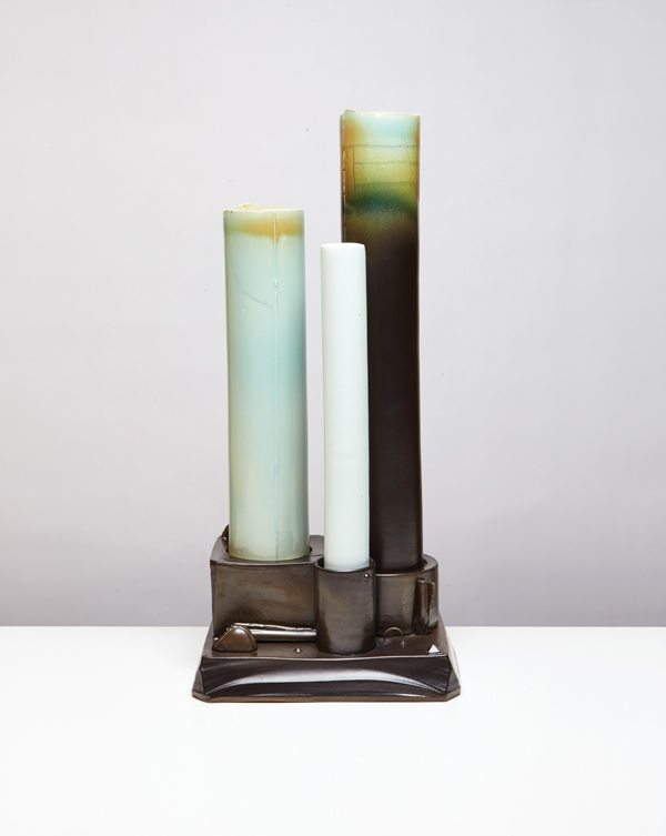 1 Brad Schwieger’s Industrial Landscape, 28 in. (71 cm) in height, stoneware, cast porcelain, resin, nichrome wire, reduction fired, 2014. Photo: Steve Paszt.