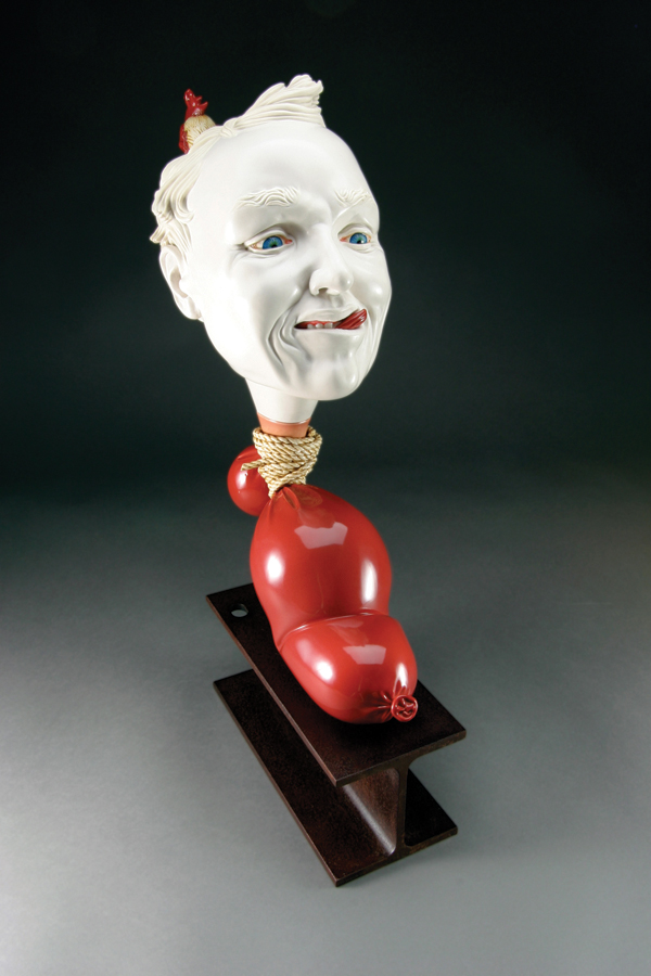 1 Sean Erwin’s Inflated, 22 in. (56 cm) in height, porcelain, glaze, resin, oil paint, painted steel, 2014.