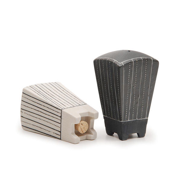 2 Doug Peltzman’s salt and pepper shakers, 3¼ in. (8 cm) in height, porcelain, 2014.