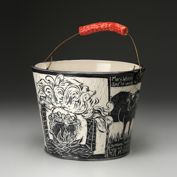 2 Molly Cantor’s Pail for Mary Webster, 10 in. (25 cm) in diameter, wheel-thrown and handbuilt porcelain, slip carving, wire, 2013.
