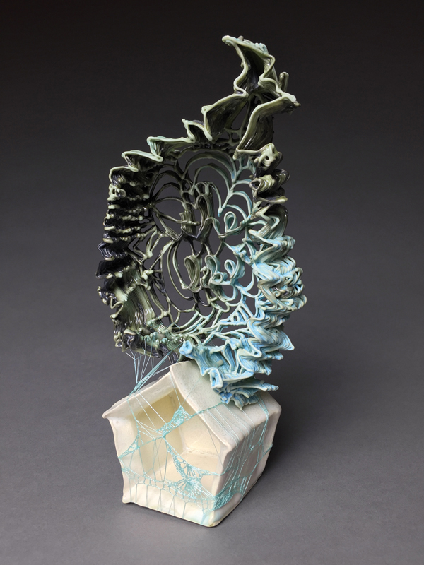 2 Stephanie Lanter’s The Likers, 10 in. (27 cm) in height, slip-trailed and handbuilt C5 porcelain, oxides, glaze, crocheted thread, 2015.