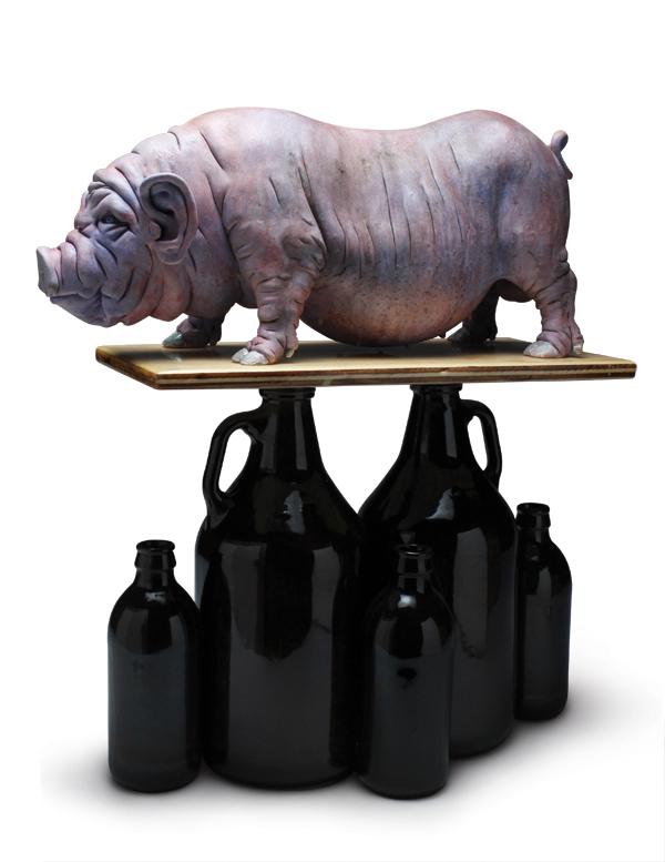 4 Travis Winters’ I’ll Quit Tomorrow, 18 in. (46 cm) in length, handbuilt and slip-cast earthenware, terra sigillata, glaze, stains, oxides, multiple firings to cone 04, wood, resin, 2016.