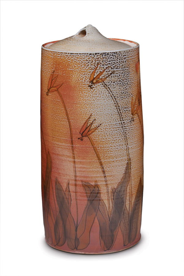 4 Fawn Lily Storage Jar, 12 in. (30 cm) in height, wheel-thrown stoneware, Helmer Kaolin Slip, Ruggles and Rankin #6 Tile Slip, Green Slip, Dark Outline, Warren MacKenzie Shino Glaze (liner), salt/soda fired to cone 10, 2011. Photo: Teddy McCrea.