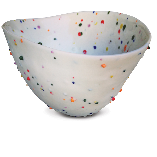 Wedging colored feldspar chips into porcelain leads to a vivid effect.