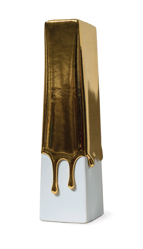 1 Interactions Between Color, Form, and Surface: Goldie, 10 in. (25 cm) in height, slab-built porcelain, glaze, luster, fired to cone 9 in reduction, 2016. 