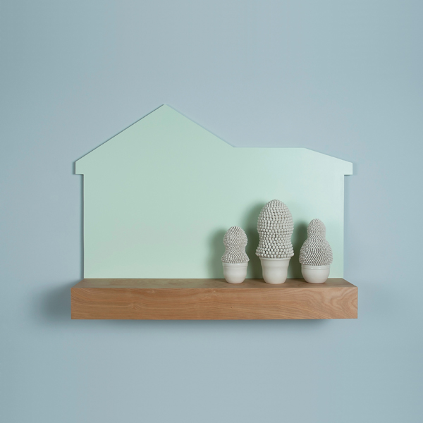 Ron Geibel's Everything is Perfect (3), 36 in. (91 cm) in length, wheel-thrown and altered porcelain, wood, acrylic finish, 2014.