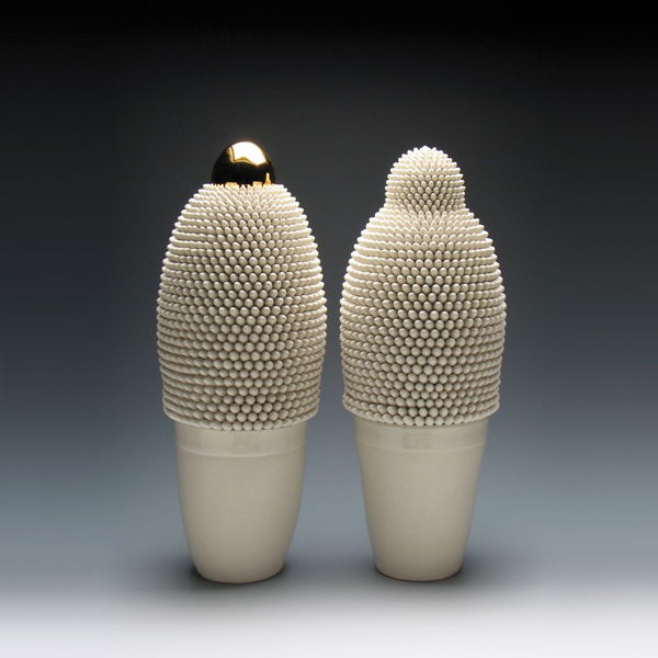 Ron Geibel's Golden, 14 in. (36 cm) in height, wheel-thrown and altered porcelain, wood, acrylic finish, 2014.