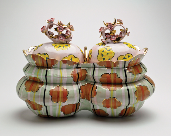 Margaret Haden's Mitosis Jar, 15 in. (37 cm) in length, coil-built and bisque-molded porcelain, underglaze, layered glazes, fired to cone 6, hand-cut decals, gold luster, 2014.