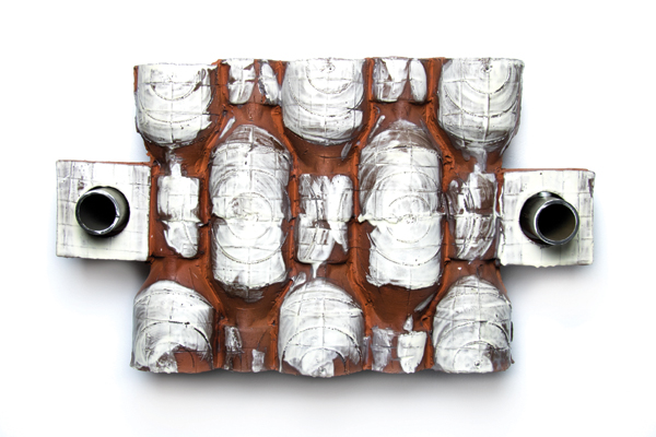 2 Wall pattern/Winter vase, 28 in. (71 cm) in height, press molded porcelain, terra cotta, sandblasted glaze, steel, fired to cone 3 in an electric kiln, 2017.