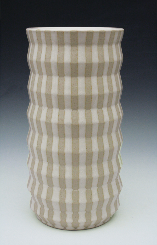 5 White-striped accordion vase, 4 in. (10 cm) in height, white stoneware, glaze, electric fired to cone 6, 2015.