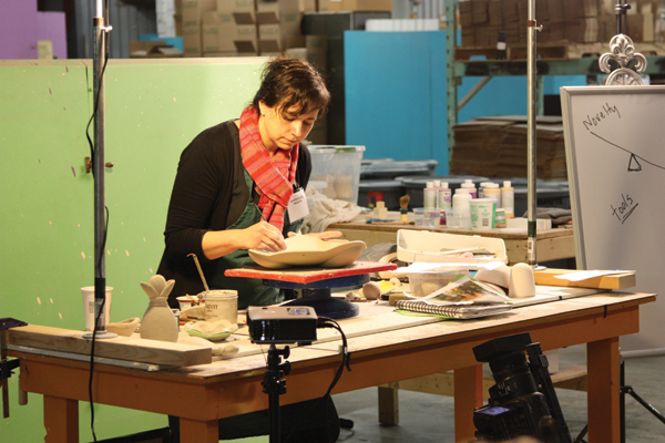 Chandra DeBuse demonstrating at the Potters Council Workshop hosted at Mayco Colors in Hilliard, Ohio, not far from our editorial offices. The staff enjoyed watching her make pieces after we had just finished working on her article. See finished pieces on page. Photo: Grace R. Cooper, Mayco Colors.