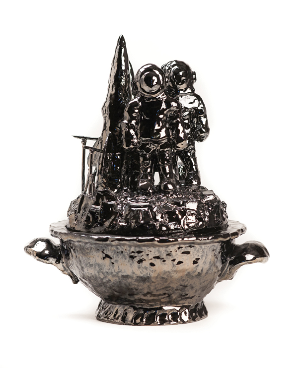 2 in Space Together Forever (Moon Landers Vessel), 16 in. (41 cm) in height, stoneware, glaze, fired to cone 04, 2016. 