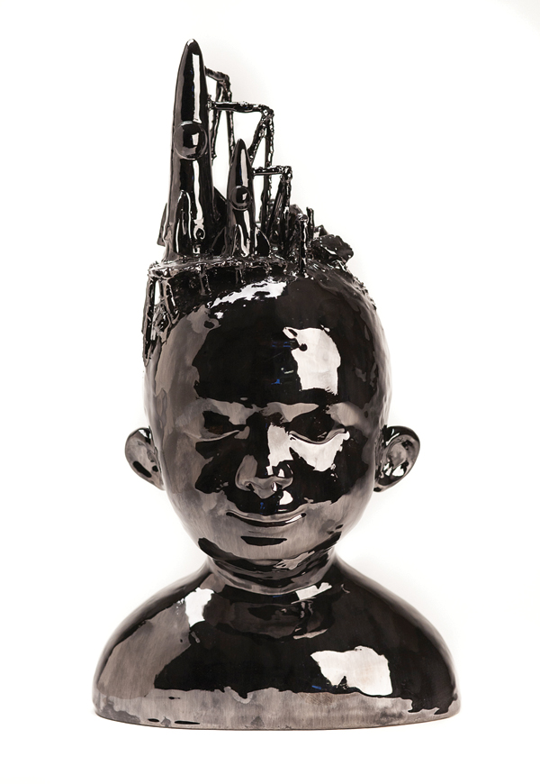 1 Head of Boy With Rockets, 16½ in. (42 cm) in height, stoneware, glaze, fired to cone 04, 2016.