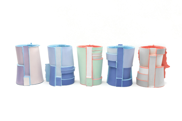 1 Tumblers, 5 in. (13 cm) in height, slip cast porcelain, fired to cone 6 in oxidation, 2017.