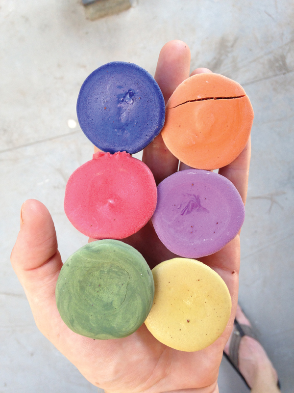 4 Fired color tests using the cone 6 base recipe.