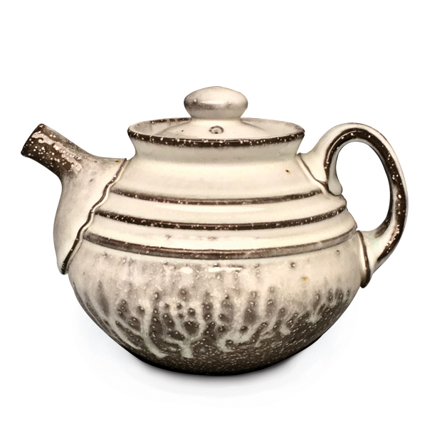 2 Teapot, 6½ in. (17 cm) in width, porcelain, 30 mesh silica sand, soda-fired to cone 11, 2016.