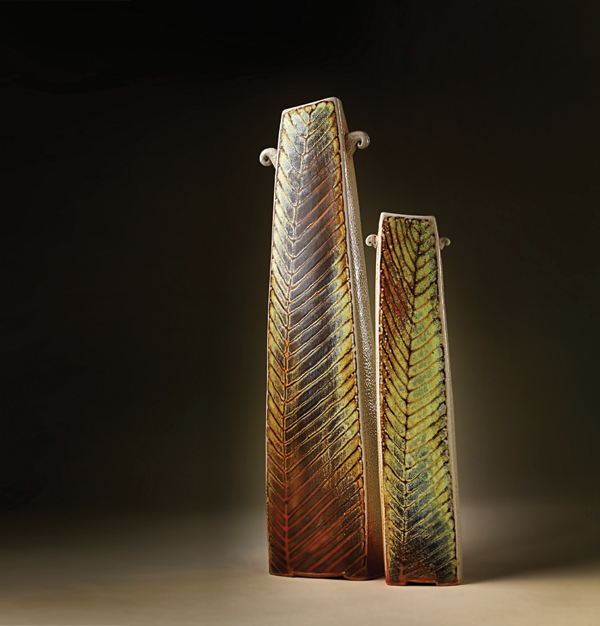 1 Leaf vases, 12 in. (30 cm) in height, slab built, salt/soda fired to cone 10, 2009. Photo: John Sinal.