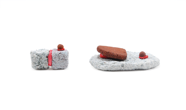 2 Catch and Release, 4½ in. (11 cm) in length, carved earthenware refractory, carved porcelain refractory, epoxy, acrylic, fired to cone 06 in oxidation, 2017. 