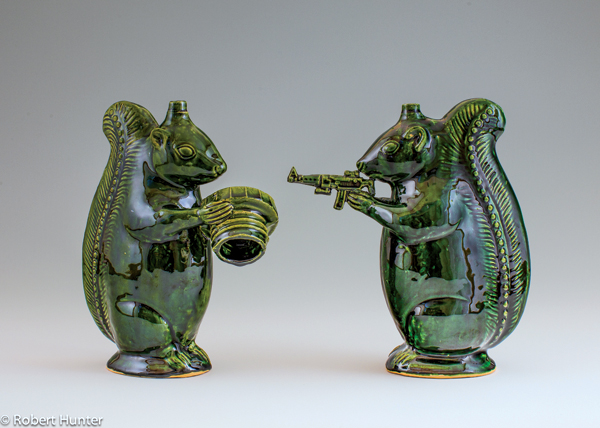 7 Michelle Erickson’s The Second Amendment Squirrel and Green Squirrel, each 8 in. (20 cm) in height, indigenous clay, copper glaze, 2013. Photo: Robert Hunter.