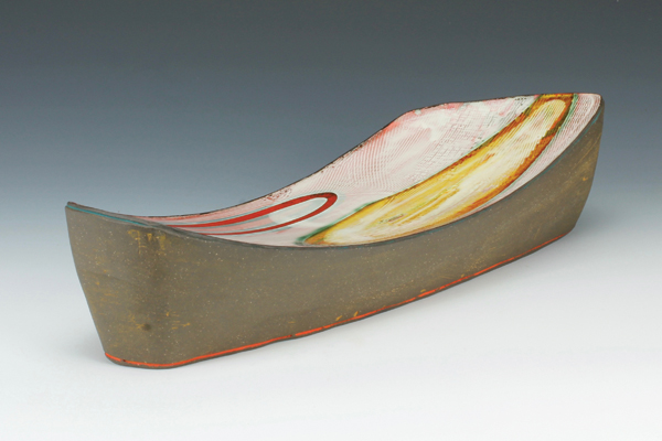 3 Serving boat–side view, 14½ in. (37 cm) in width, handbuilt stoneware, underglaze, fired to cone 6 in an electric kiln, 2016.