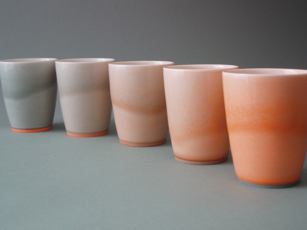 4 Beakers, 3¼ in. (8.5 cm) in height, orange/gray line blend, wheel-thrown porcelain, slip, glaze, high fired, 2009. 