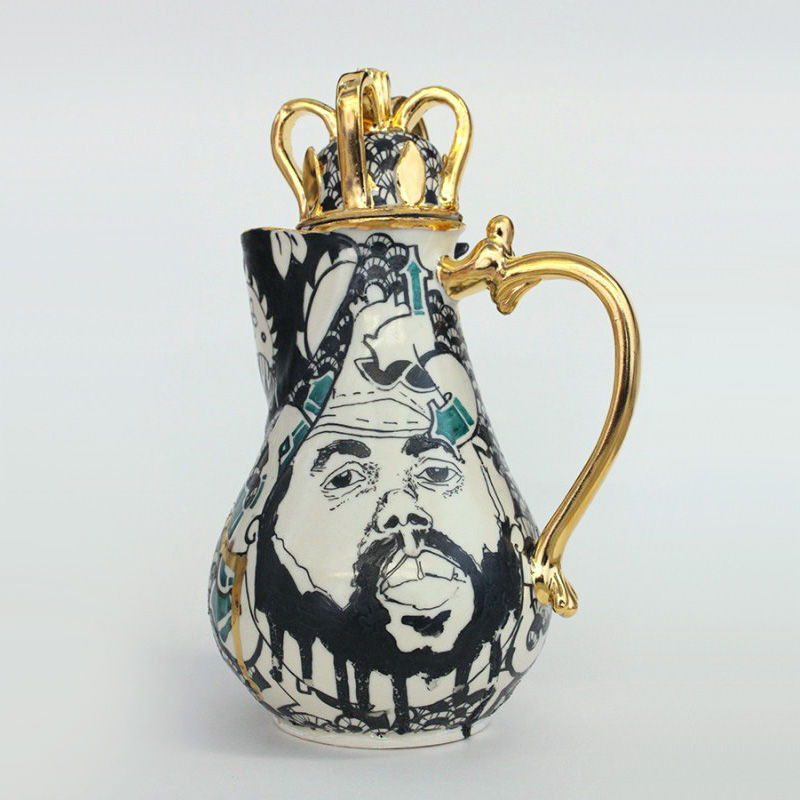1 Roberto Lugo’s Latin Kings Teapot, 13 in. (33 cm) in height, porcelain, china paint, 2014. 