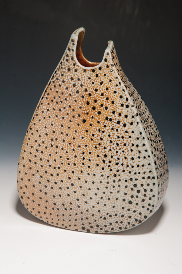 2 Raindrop Vase, 18 in. (45 cm) in height, slab built, Helmer Kaolin Slip, black underglaze dots, salt/soda fired to cone 10, 2013. Photo: Teddy McCrea.