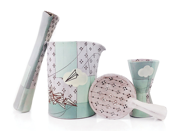 2 Four Piece Bar Set, 7 in. (18 cm) in width (varying), wheel-thrown, handbuilt iron-rich stoneware, underglazes, glazes,fired to cone 5 in oxidation in an electric kiln, 2017.