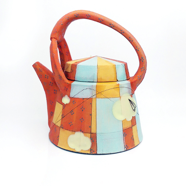 1 Teapot, 9 in. (23 cm) in height, wheel-thrown, handbuilt iron-rich stoneware, underglazes, glazes, fired to cone 5 in oxidation in an electric kiln, 2016.