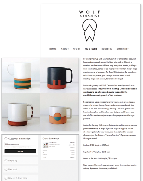 Several screenshots from Wolf Ceramics’ online Mug Club membership page, including samples of the cups, a description of the membership, and the ordering cart.