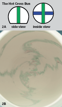 2A Slice a white ball into four quarters, place slices of color inside, then re-assemble. 2B  The pattern remains on the interior roughly where it was placed before throwing it.