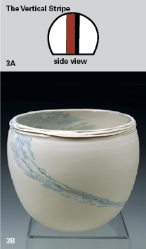 3A Place a vertical stripe of color between two white balls. Or try strips of checked patterns on the bottoms. 3B A vertical stripe of color produces a soft swirl around the pot both inside and out.