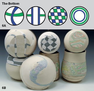 6A Place a slice of colored pattern on the bottom of a clay ball. 6B The two right pots have pattern placed on the bottom of the clay. The two on the left show the bottom of The Vertical Stripe and The Hot Cross Bun.
