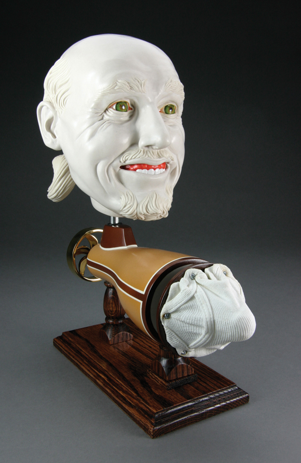 3 Sean Erwin’s Pervert II, 14 in. (36 cm) in height, polished porcelain, glaze, luster, red oak, steel, starched fabric, oil paint, resin, 2013.