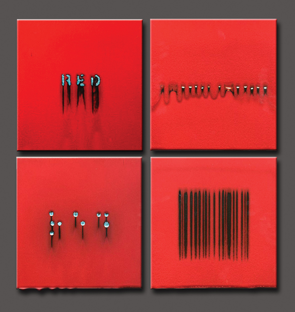 6 Robert Silverman’s 4 Versions of Red (1), each 12 in. (30 cm) in height, re-fired commercial porcelain tile, 2012.