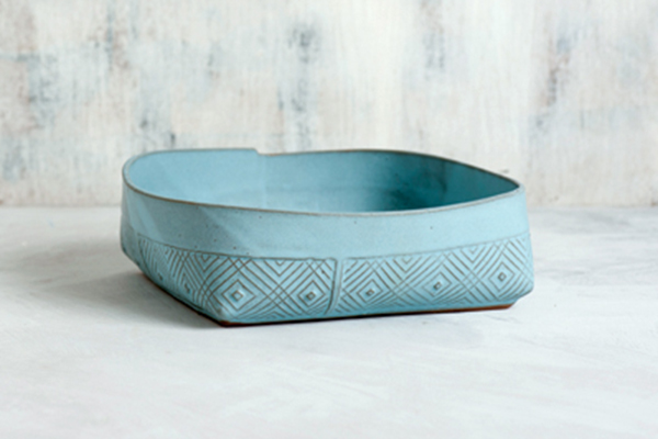 Salad bowl, 9 in. (22 cm) in diameter, handbuilt stoneware, stamped pattern, light blue matte glaze, fired to 2192°F (1200°C).&nbsp;Finished work photos: Aya Wind Photography.