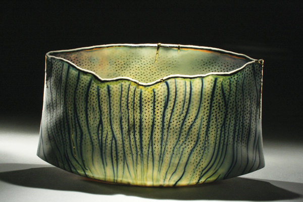 Summer Benzle&nbsp;9 in. (25 cm) in length, handbuilt, colored porcelain, epoxy, gold leaf.