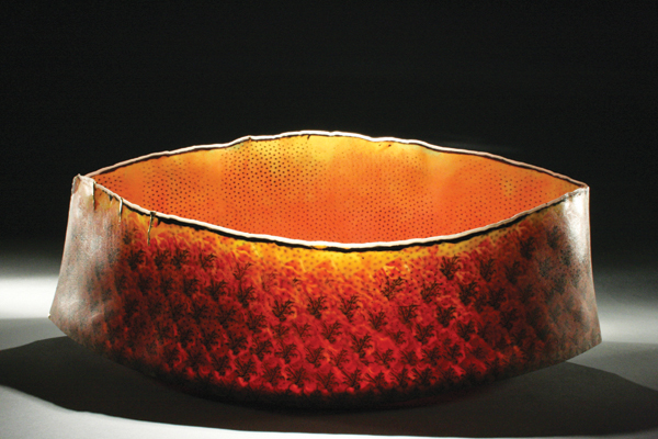 Blaze 17 in. (43 cm) in length, handbuilt, colored porcelain, epoxy, gold leaf.