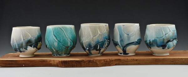 Cups, to&nbsp;4 in. (10 cm) in height,&nbsp;porcelain, matte crystalline glaze, fired to cone 6 in an electric kiln, 2016.
