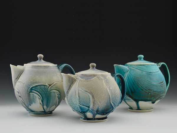 Teapot Trio, to&nbsp;8 in. (20 cm) in height,&nbsp;porcelain, matte crystalline glaze, fired to cone 6 in an electric kiln, 2016.