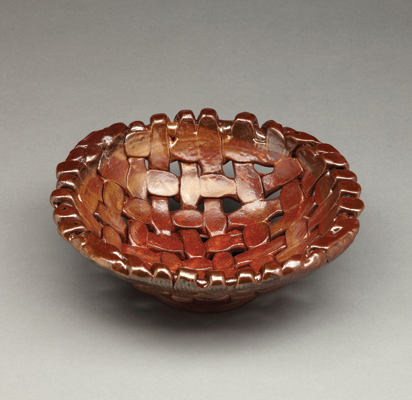 Three woven bowls, coil built, fired to cone 10 in a gas-fired reduction kiln.&nbsp;9 in. (23 cm) in diameter, Continental Clay Buff Stoneware, shino glaze, 2014.