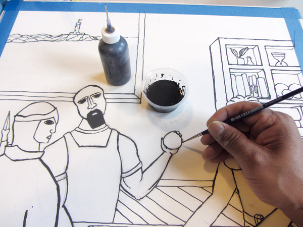 2 Use a detail round brush and an 18-gauge slip trailer to paint a black underglaze outline of the image.