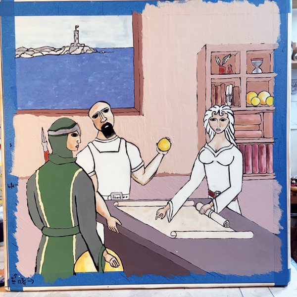 6 Painting opaque slips to fill in background colors of the wall and floor. The figure in the bottom left is filled in as well.