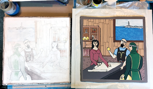 11 The plaster bat, pictured on the left with the pulled clay print shown on the right. Earthenware casting slip was used as the rich brown will warm the transparent layers. The areas with watercolor underglaze had opaque white underglaze brushed over them so the dark clay body doesn’t show through. A ghost image remains on the plaster bat.