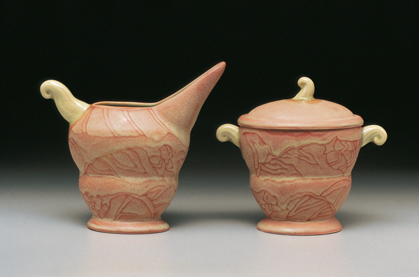 Donna Polseno’s cream and sugar set, 6 in. (15 cm) in height, mid-range porcelain, layered glazes, wax resist, liquid latex.