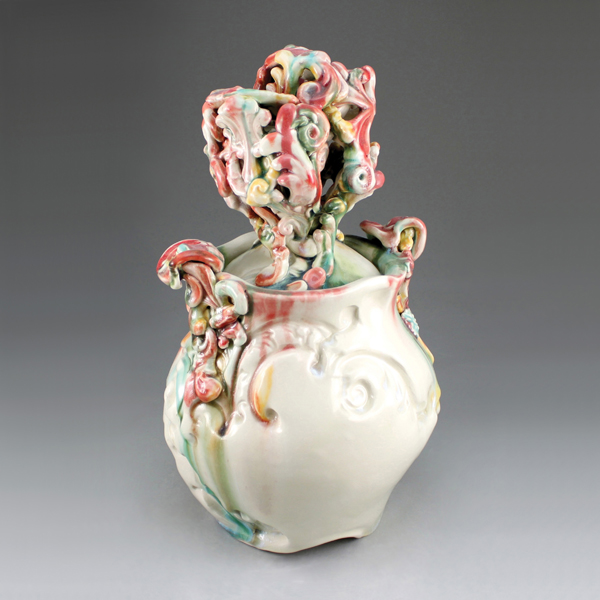 Joyce St.Clair's Sprigged jar, 14 in. (36 cm) in height, porcelain, underglaze, oxidation fired to cone 6, 2014.